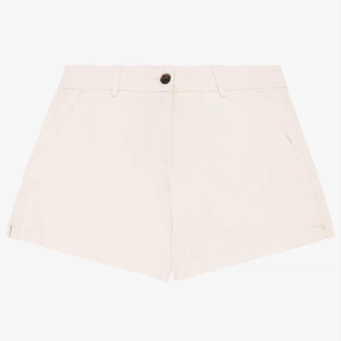 Women's ivory coloured chino shorts with a recycled button closure, and recycled metal zip, belt loops, and side pockets, shown flat against a neutral background.