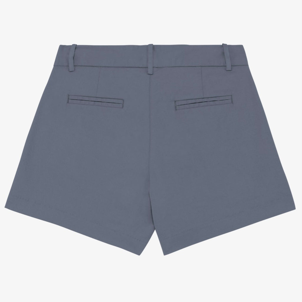 Women's mineral grey coloured chino shorts with a recycled button closure, and recycled metal zip, belt loops, and back pockets, shown flat against a neutral background.