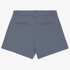 Women's mineral grey coloured chino shorts with a recycled button closure, and recycled metal zip, belt loops, and back pockets, shown flat against a neutral background.