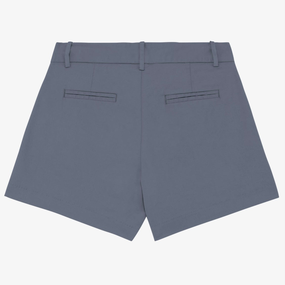 Women's mineral grey coloured chino shorts with a recycled button closure, and recycled metal zip, belt loops, and back pockets, shown flat against a neutral background.