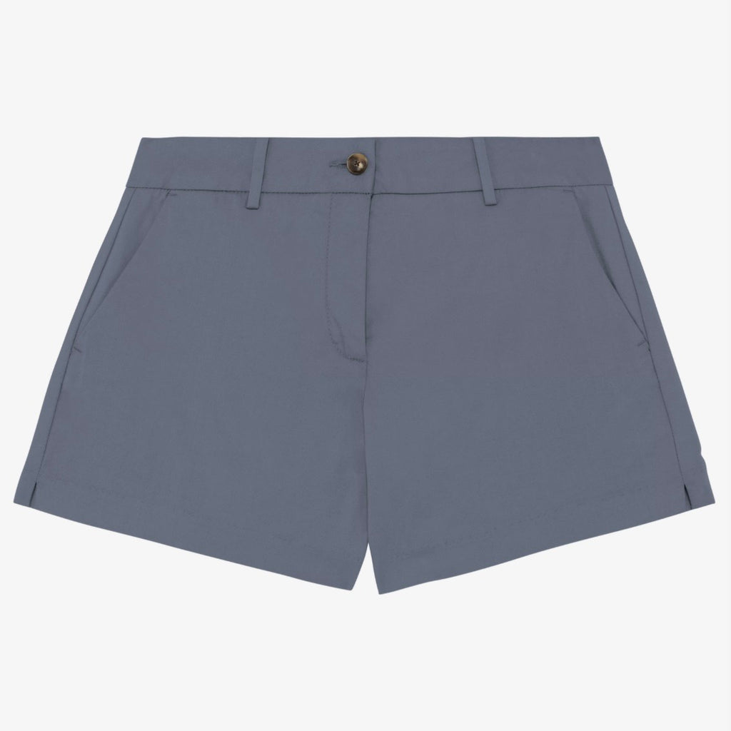 Women's mineral grey coloured chino shorts with a recycled button closure, and recycled metal zip, belt loops, and side pockets, shown flat against a neutral background.