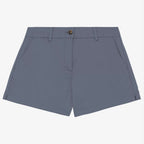 Women's mineral grey coloured chino shorts with a recycled button closure, and recycled metal zip, belt loops, and side pockets, shown flat against a neutral background.