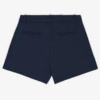Women's navy coloured chino shorts with a recycled button closure, and recycled metal zip, belt loops, and back pockets, shown flat against a neutral background.