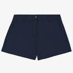 Women's navy coloured chino shorts with a recycled button closure, and recycled metal zip, belt loops, and side pockets, shown flat against a neutral background.