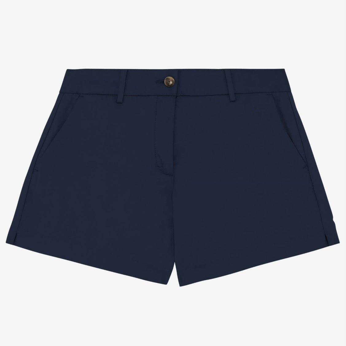 Women's navy coloured chino shorts with a recycled button closure, and recycled metal zip, belt loops, and side pockets, shown flat against a neutral background.