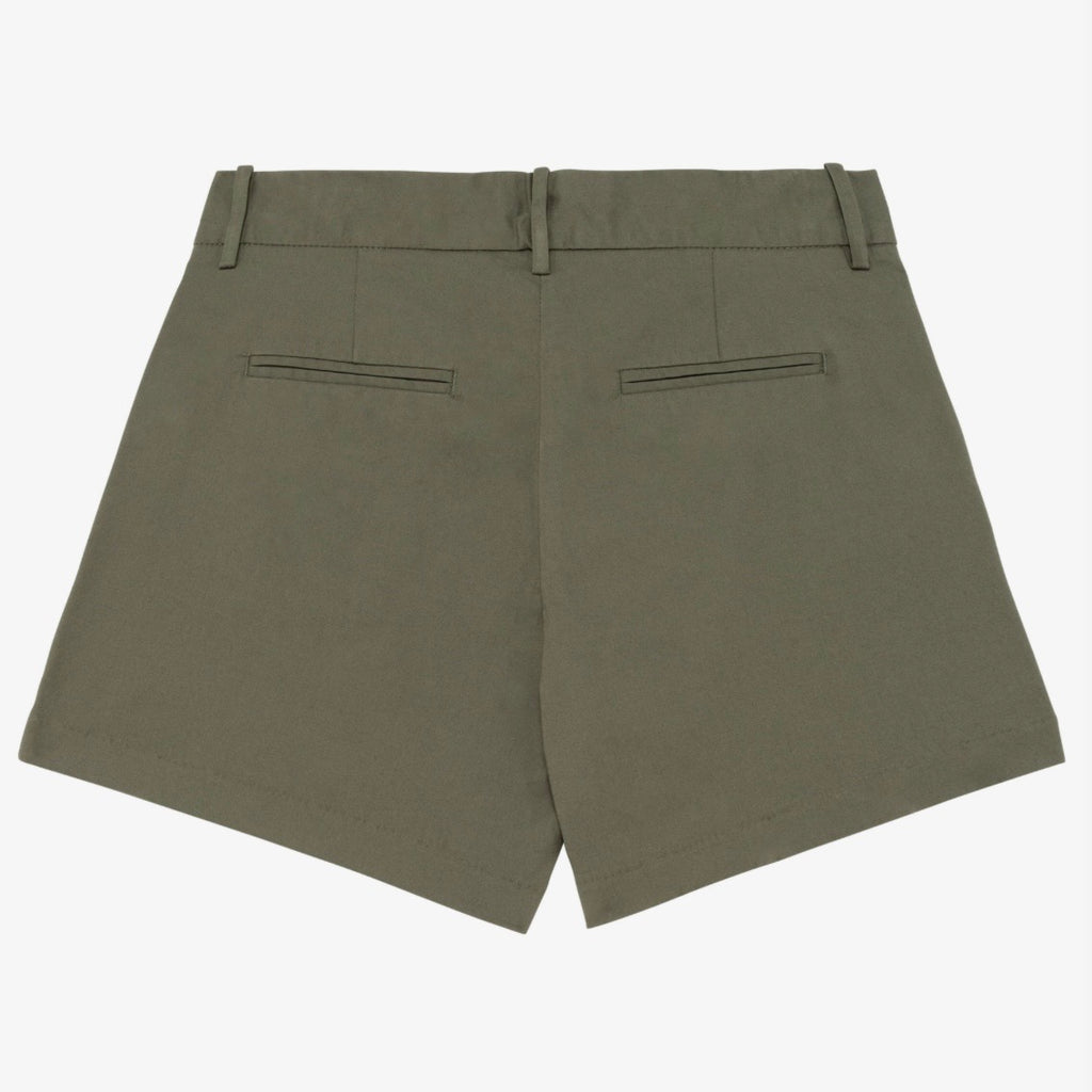 Women's organic khaki coloured chino shorts with a recycled button closure, and recycled metal zip, belt loops, and back pockets, shown flat against a neutral background.