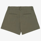 Women's organic khaki coloured chino shorts with a recycled button closure, and recycled metal zip, belt loops, and back pockets, shown flat against a neutral background.