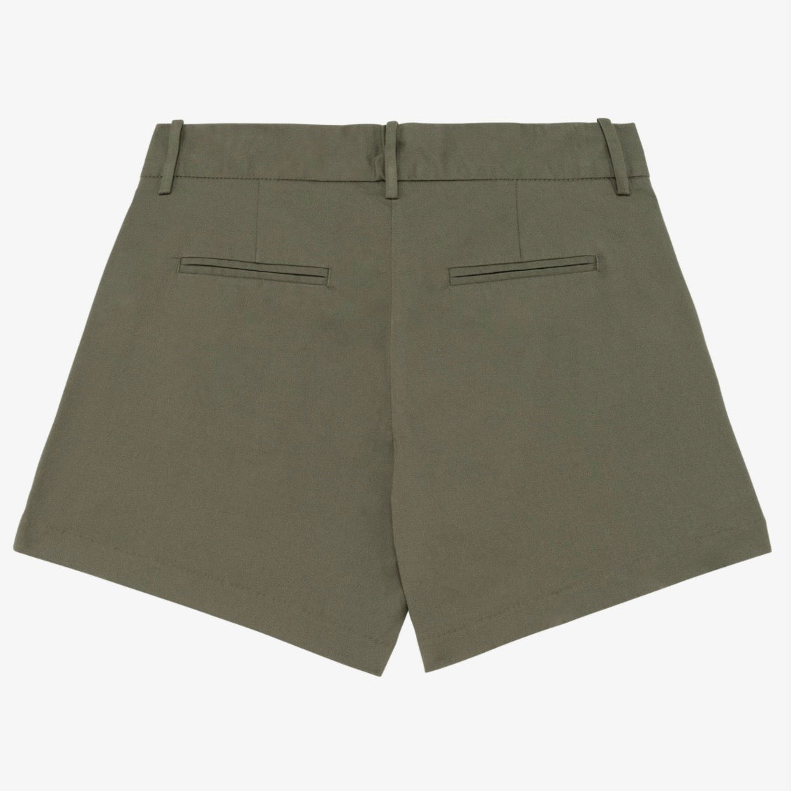 Women's organic khaki coloured chino shorts with a recycled button closure, and recycled metal zip, belt loops, and back pockets, shown flat against a neutral background.