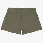 Women's organic khaki coloured chino shorts with a recycled button closure, and recycled metal zip, belt loops, and side pockets, shown flat against a neutral background.