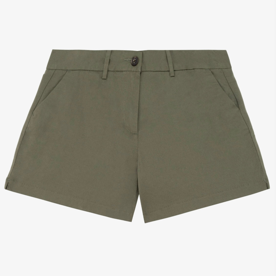 Women's organic khaki coloured chino shorts with a recycled button closure, and recycled metal zip, belt loops, and side pockets, shown flat against a neutral background.