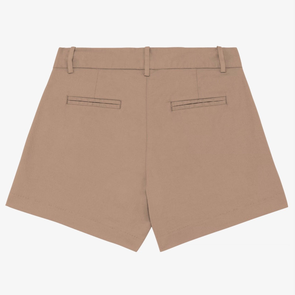 Women's sand dune coloured chino shorts with a recycled button closure, and recycled metal zip, belt loops, and back pockets, shown flat against a neutral background.