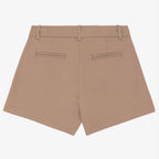Women's sand dune coloured chino shorts with a recycled button closure, and recycled metal zip, belt loops, and back pockets, shown flat against a neutral background.