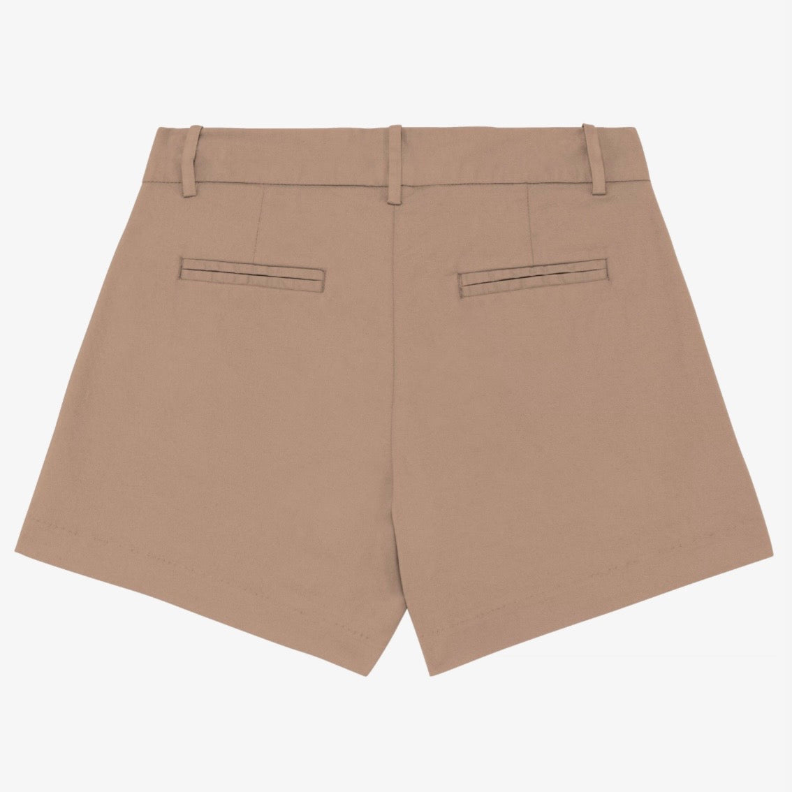 Women's sand dune coloured chino shorts with a recycled button closure, and recycled metal zip, belt loops, and back pockets, shown flat against a neutral background.