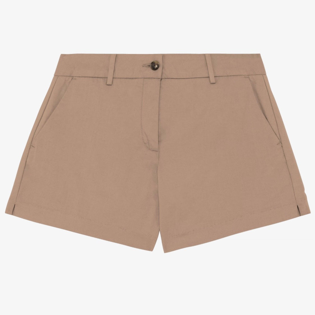 Women's sand dune coloured chino shorts with a recycled button closure, and recycled metal zip, belt loops, and side pockets, shown flat against a neutral background.