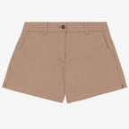Women's sand dune coloured chino shorts with a recycled button closure, and recycled metal zip, belt loops, and side pockets, shown flat against a neutral background.