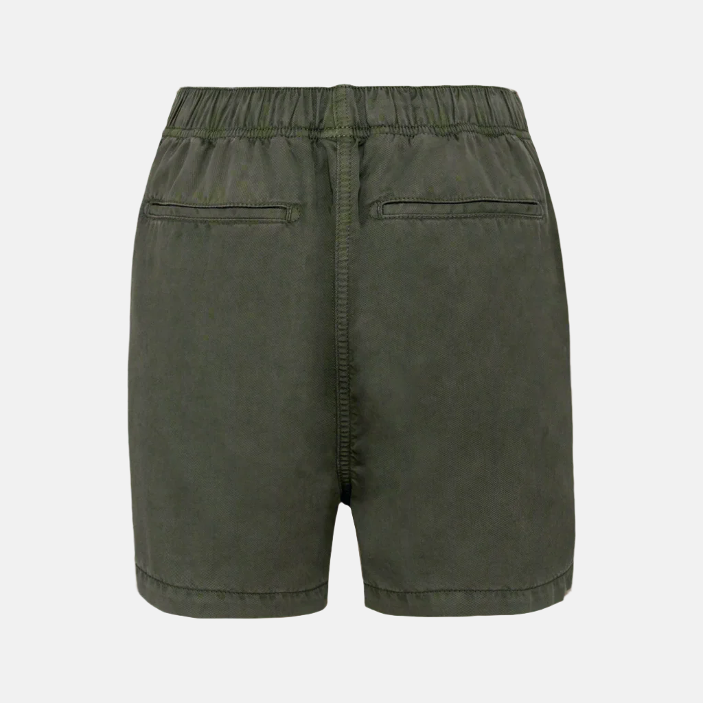 Back view of women's khaki Tencel bow shorts against a neutral background.