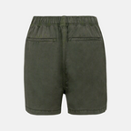 Back view of women's khaki Tencel bow shorts against a neutral background.