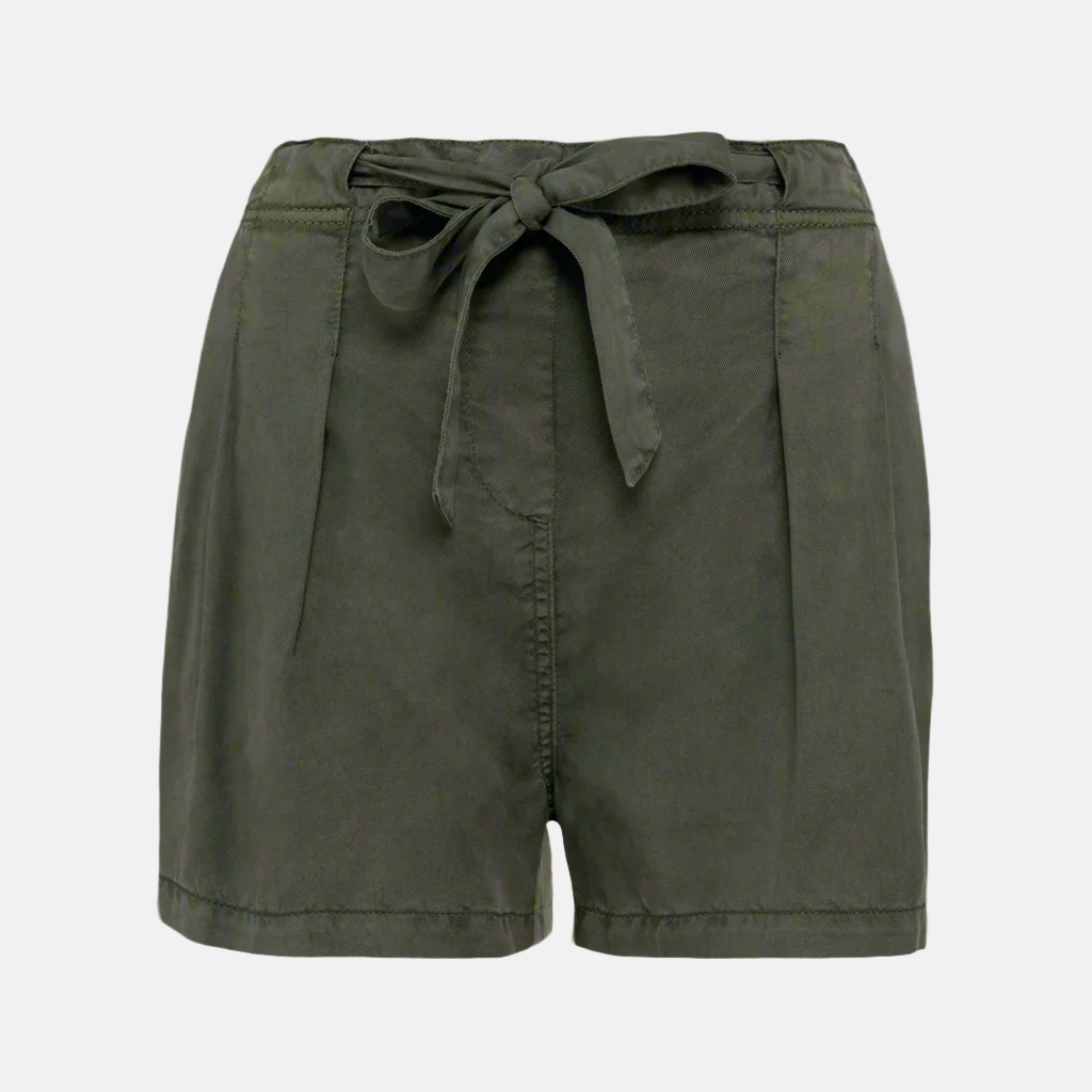 Front view of women's khaki Tencel bow shorts against a neutral background.