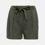 Front view of women's khaki Tencel bow shorts against a neutral background.