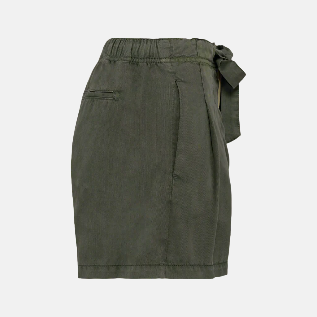 Side profile view of women's khaki Tencel bow shorts against a neutral background.
