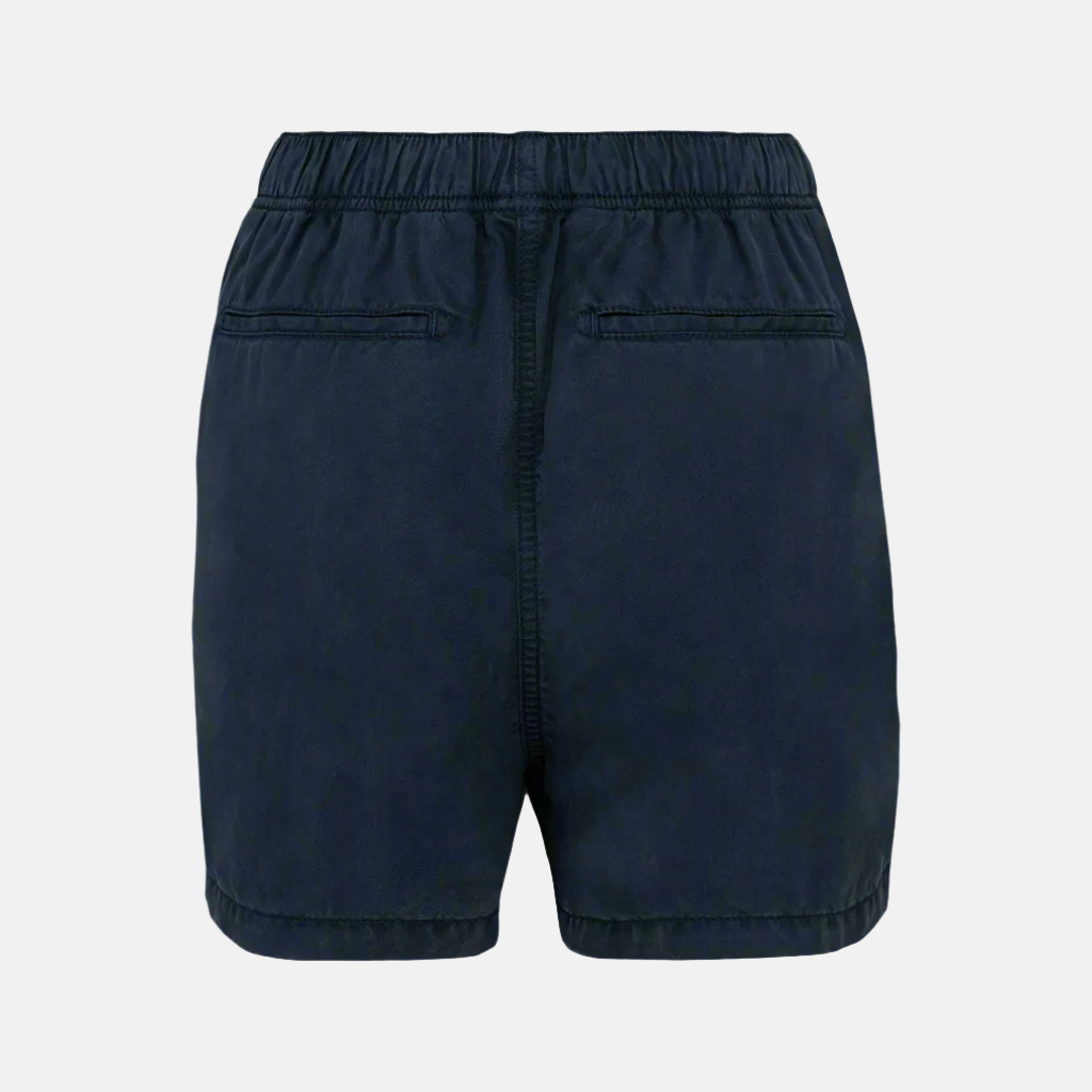 Back view of women's navy Tencel bow shorts against a neutral background.