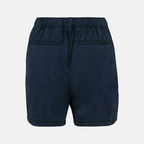 Back view of women's navy Tencel bow shorts against a neutral background.