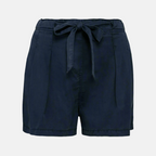 Front view of women's navy Tencel bow shorts against a neutral background.