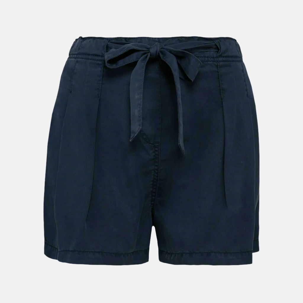 Front view of women's navy Tencel bow shorts against a neutral background.